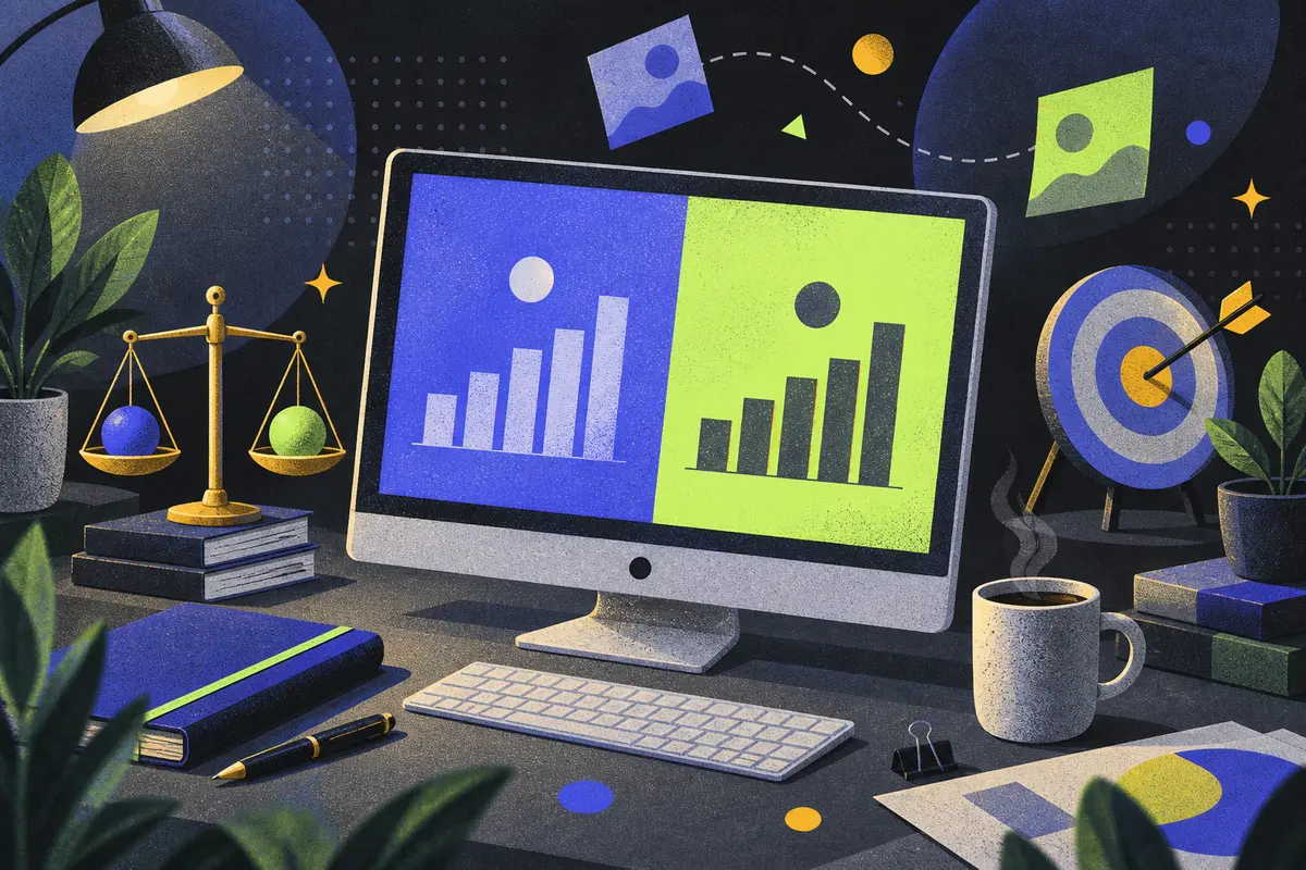 A/B tests: a large monitor showing an abstract split chart, balance scale, clock, target with dart, closed notebook, pen, coffee cup