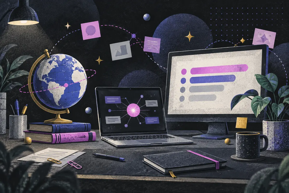 AEO meaning: a tilted small globe, laptop, and monitor showing an abstract answer chart arranged left to right, paper clips, stack of books, potted plant