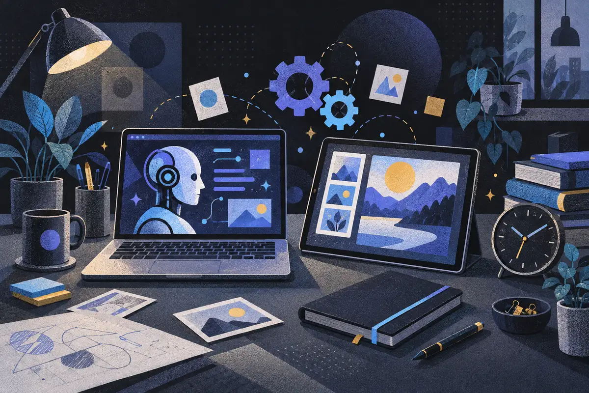 AI content creator: an open laptop and tilted tablet equally sized side by side, interlocking gears, clock, closed notebook, pen, stack of books