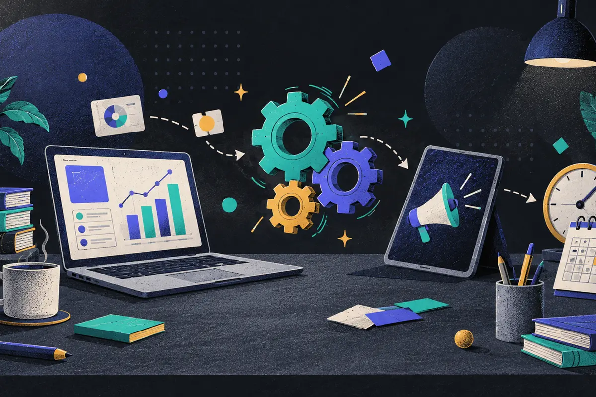 AI marketing automation: an open laptop, interlocking gears, and tilted tablet left to right, megaphone, clock, stack of books, closed calendar