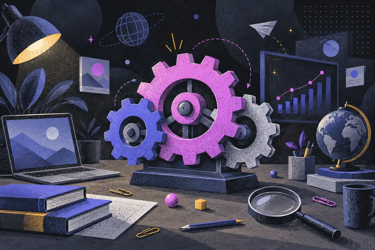 SEO for AI search: large centered interlocking gears, laptop, small globe, magnifying glass, screen showing an abstract chart, stack of books, paper clips