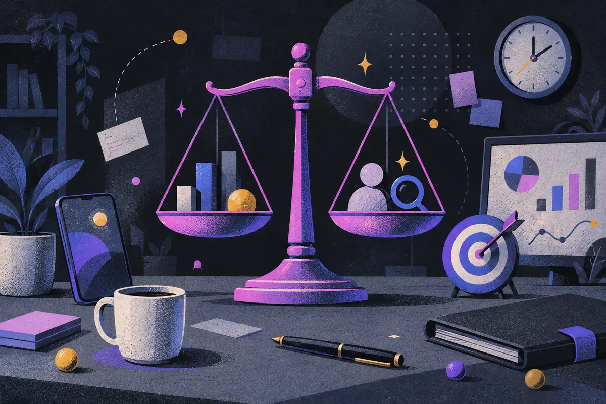 AI search KPIs: a large centered balance scale, phone, target with dart, screen showing abstract charts, clock, closed folder, pen, coffee cup