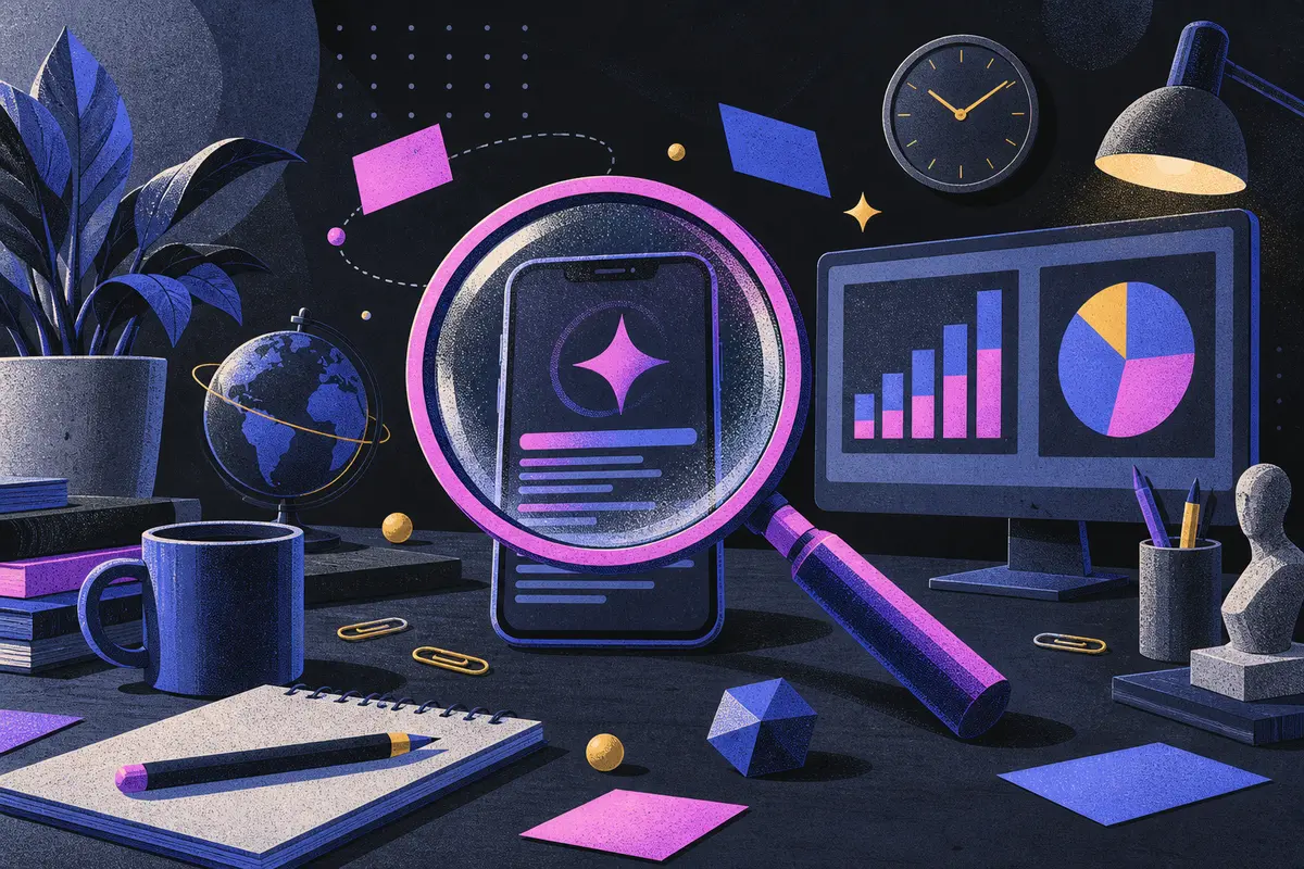 AI search visibility: a large centered magnifying glass over a phone, monitor showing an abstract two-part chart, small globe, clock, paper clips, potted plant