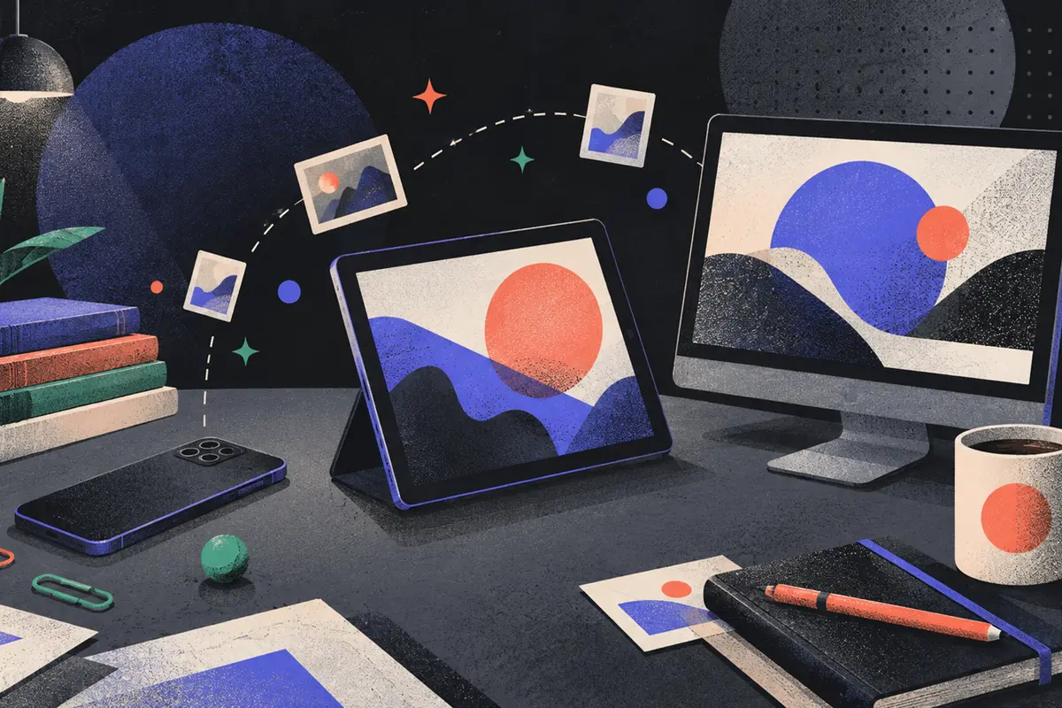 alt text at scale: a face-down phone, tilted tablet, and monitor showing an abstract image left to right, stack of books, paper clips, coffee cup