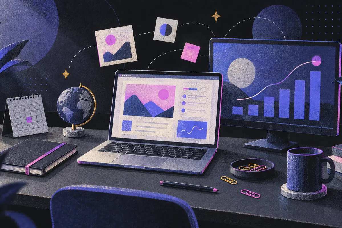 article schema: a closed notebook, an open laptop, and a monitor showing an abstract chart arranged left to right, closed calendar, small globe, paper clips