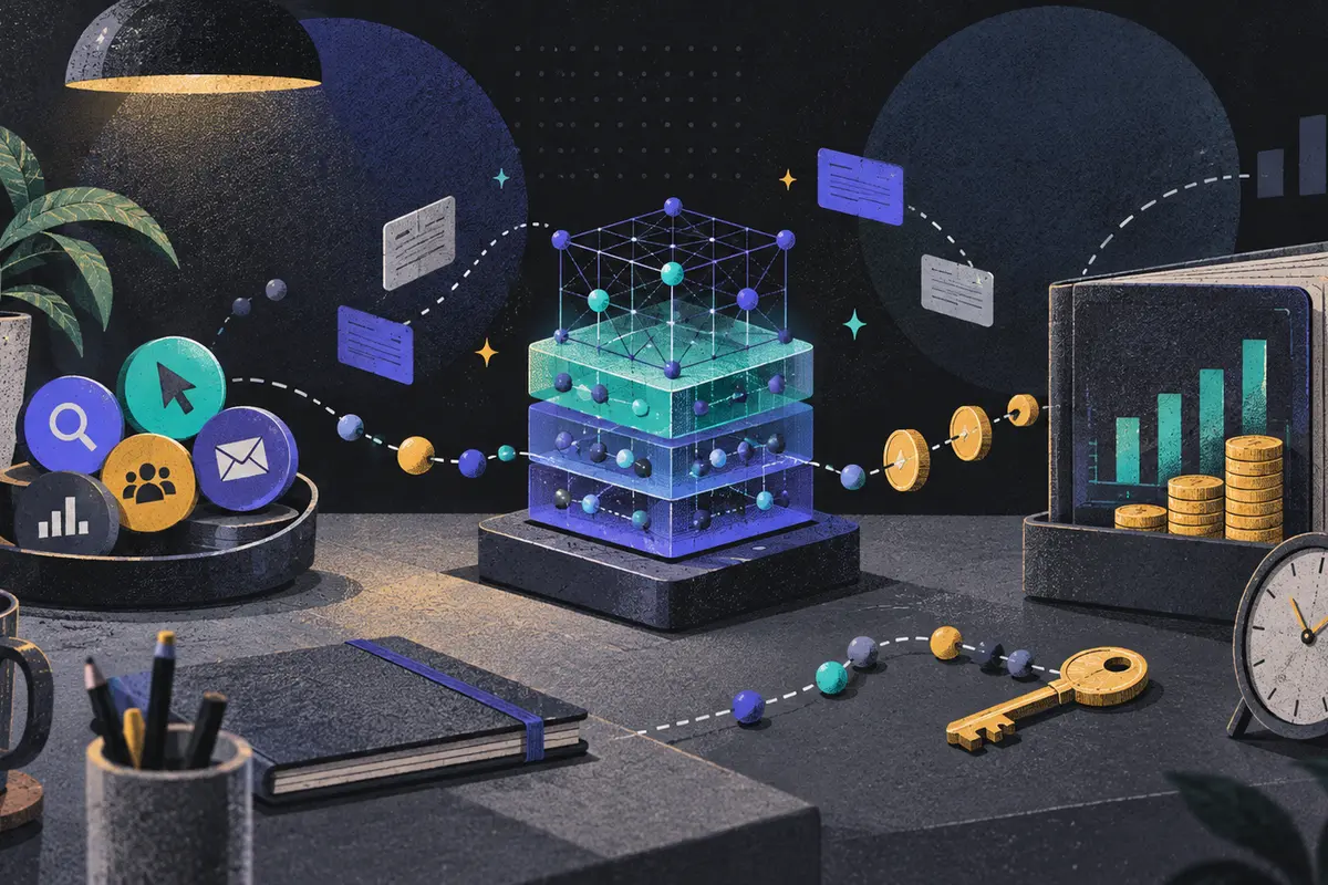 attribution modeling: channel tokens, model scale, and revenue ledger progressing left to right, conversion path beads, identity key, desk clock, potted plant