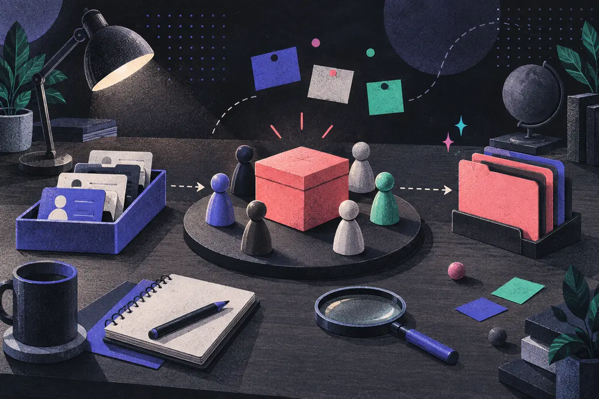 b2b demand generation: a central meeting table model with several faceless buyer figurines around an unmarked offer box, with inquiry tray, decision folders, magnifier, notebook, and lamp