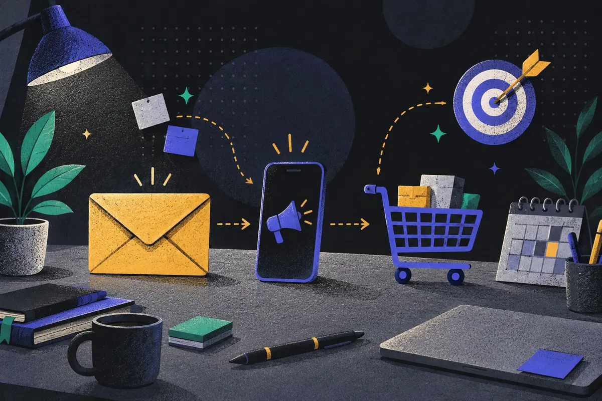 B2B email marketing: a sealed envelope, phone, and shopping cart arranged left to right, target with dart, closed calendar, pen, potted plant