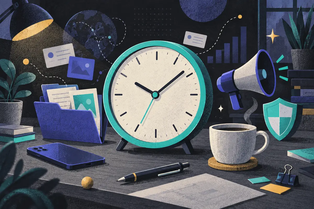 B2B marketing automation: a large centered clock with open folder, face-down phone, megaphone, shield, coffee cup, pen