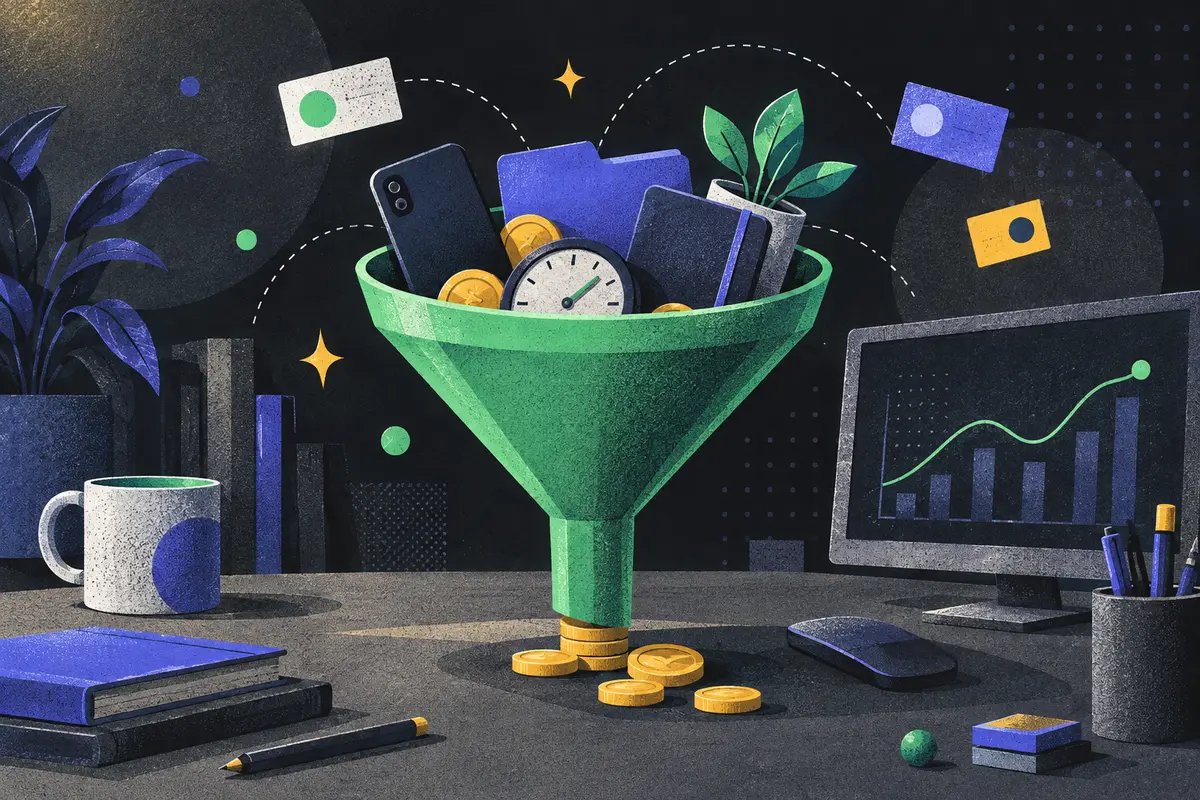 B2B marketing funnel: a large centered funnel holding coins, face-down phone, closed folder, clock, monitor showing an abstract chart, closed notebook, potted plant