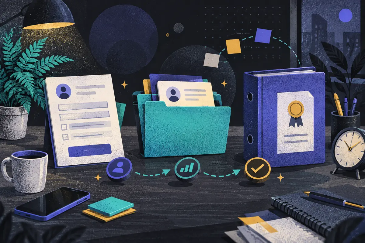 b2b marketing kpis: lead form, opportunity folder, and closed-contract binder progressing left to right, pipeline tokens, phone, calculator, potted fern, desk clock