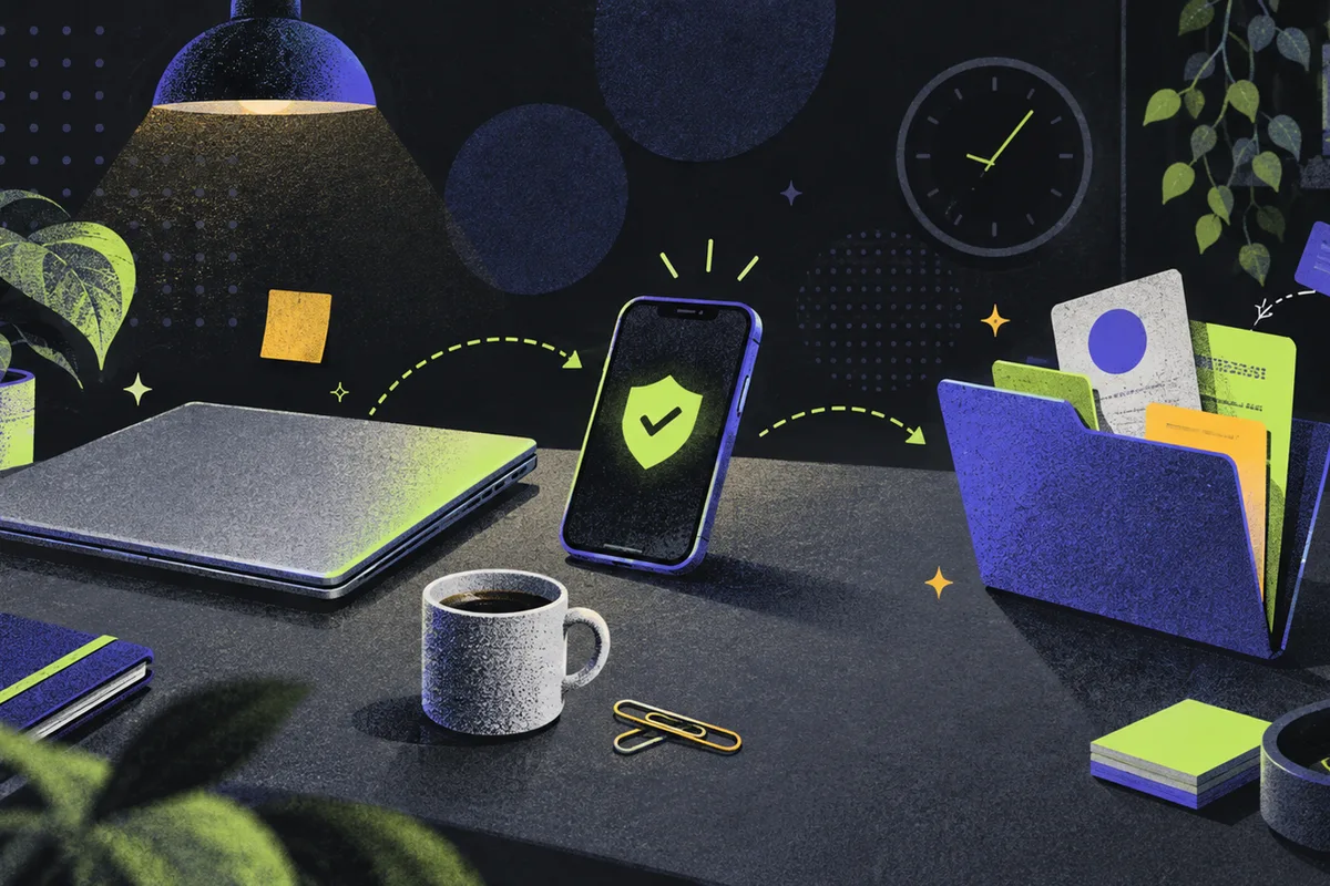 beta testing: a closed laptop, tilted phone, and open folder arranged left to right, shield, clock, paper clips, coffee cup
