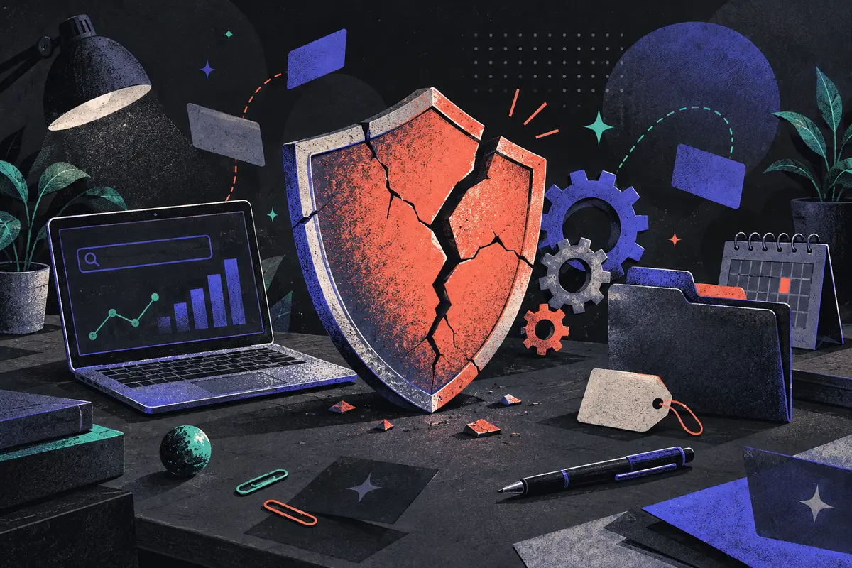 black-hat SEO: a large centered cracked shield, open laptop, interlocking gears, unmarked price tag, closed folder, pen, closed calendar
