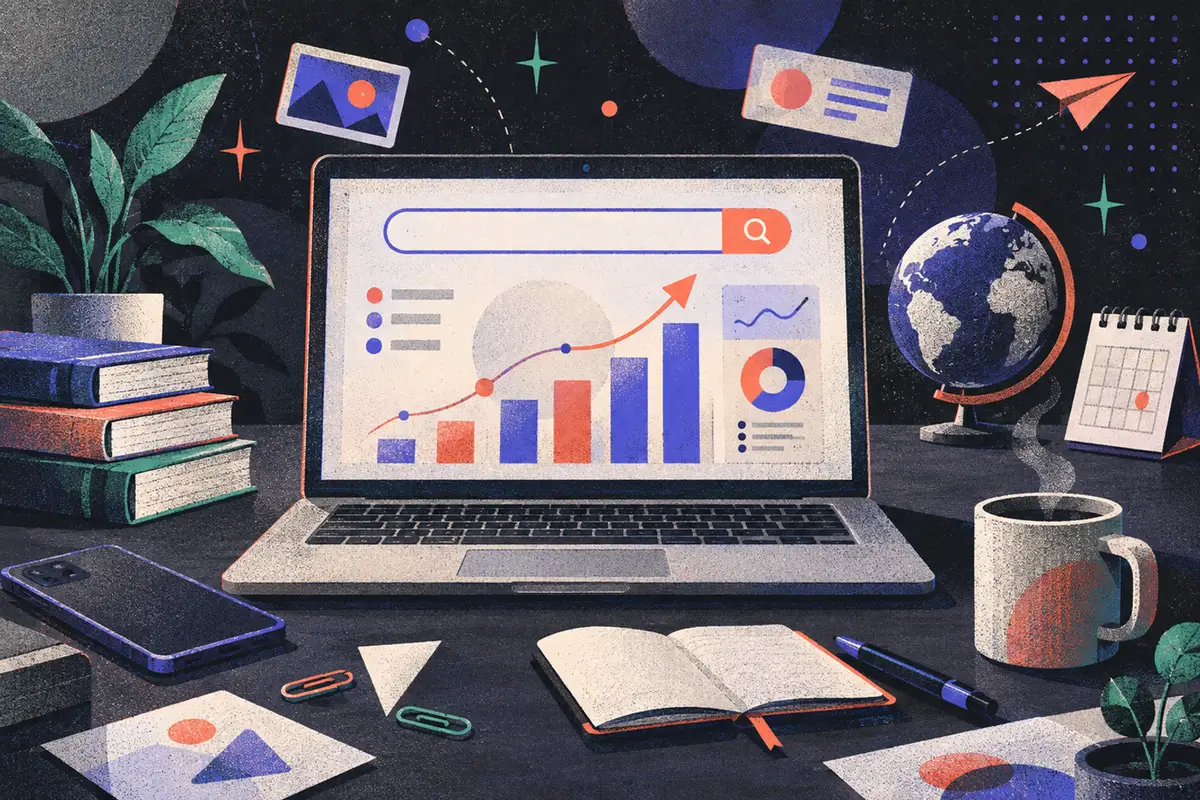 blog SEO: a large centered laptop showing an abstract search chart, small globe, face-down phone, stack of books, paper clips, closed calendar