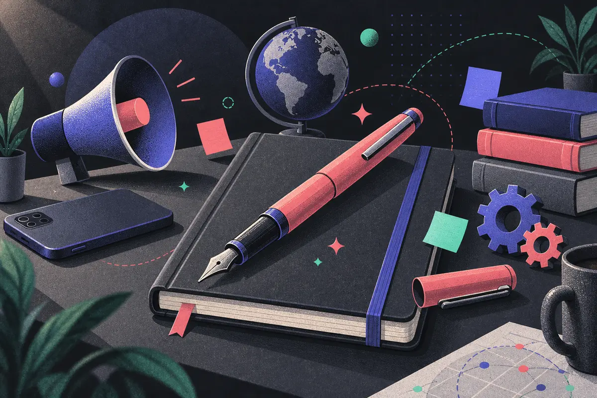 brand voice: a large centered uncapped pen angled across a closed notebook, megaphone, face-down phone, small globe, interlocking gears, stack of books