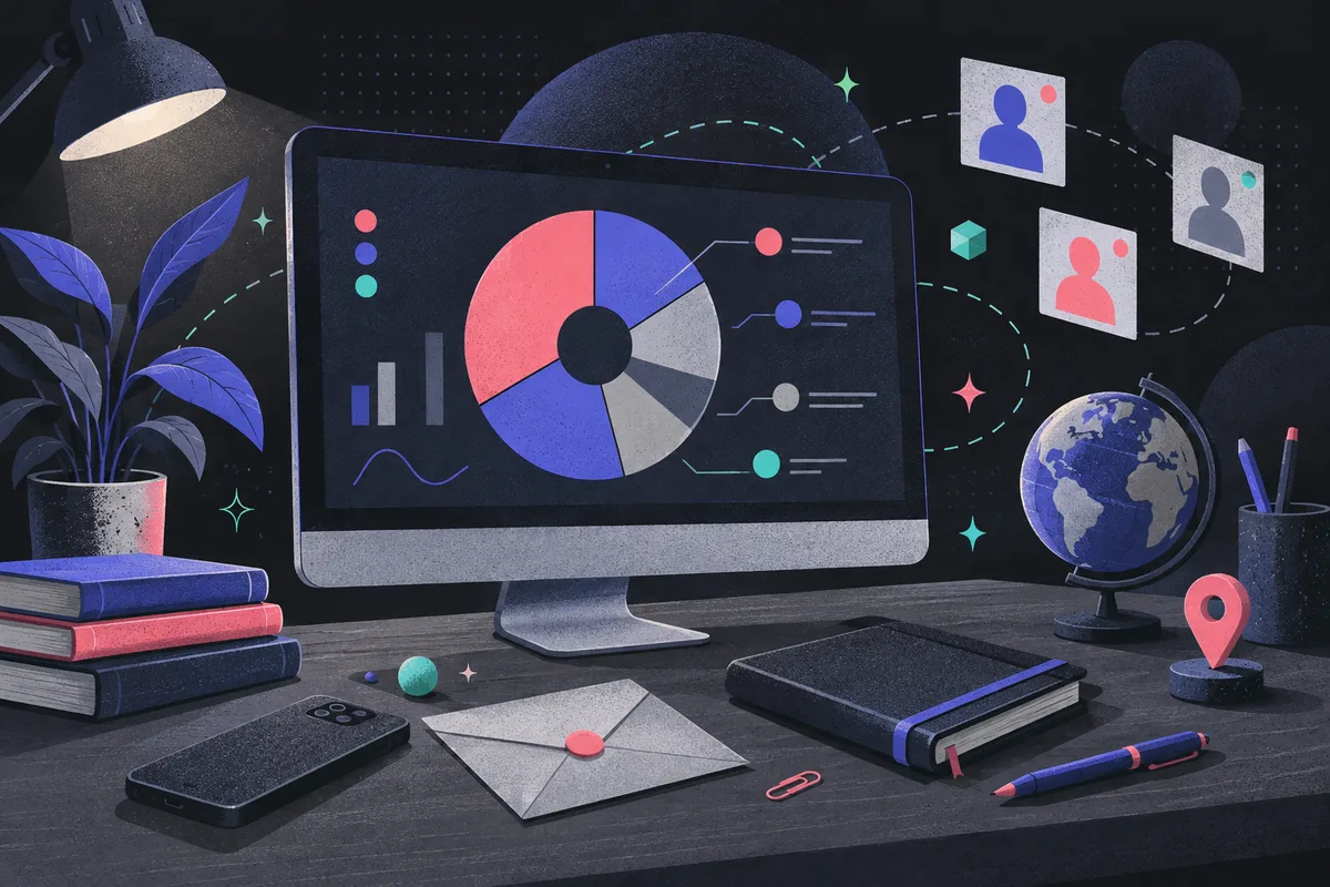 buyer persona: a large monitor showing an abstract segmented chart, face-down phone, sealed envelope, small globe, map pin, closed notebook, pen, stack of books