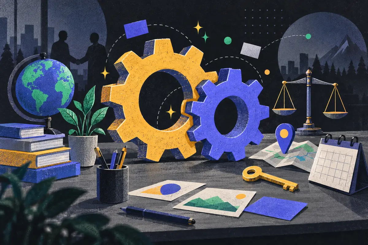 channel partners: large centered interlocking gears, small globe, balance scale, map pin, key, stack of books, potted plant, closed calendar