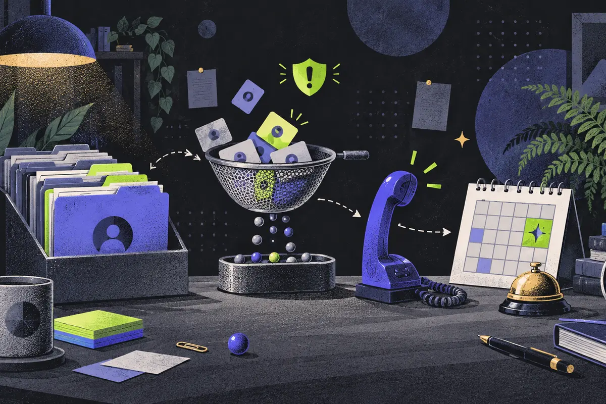 churn prediction: account folders, risk sieve, and phone handset progressing left to right, renewal calendar, usage beads, service bell, desk clock, potted fern