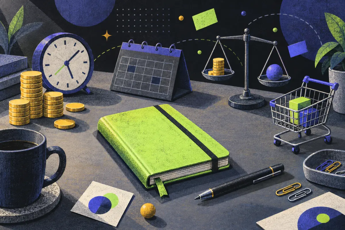 churn rate: stacked coins, clock, closed calendar, shopping cart, balance scale, closed notebook, paper clips arranged neatly across a desktop