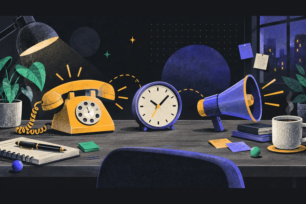 cold calling: a ringing phone, clock, and megaphone arranged left to right, pen, coffee cup, potted plant