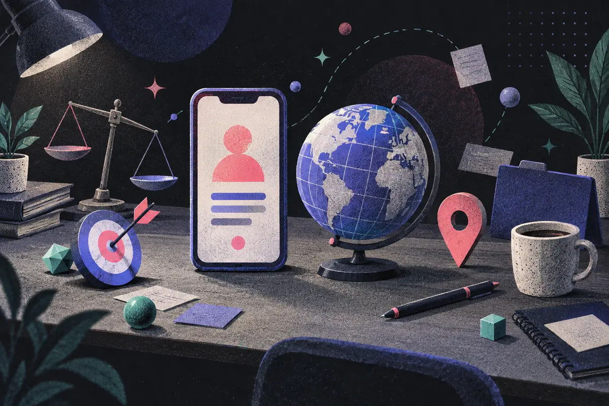contact persona and ICP: an equal upright phone and small globe side by side, tilted balance scale, map pin, target with dart, closed folder, pen, coffee cup