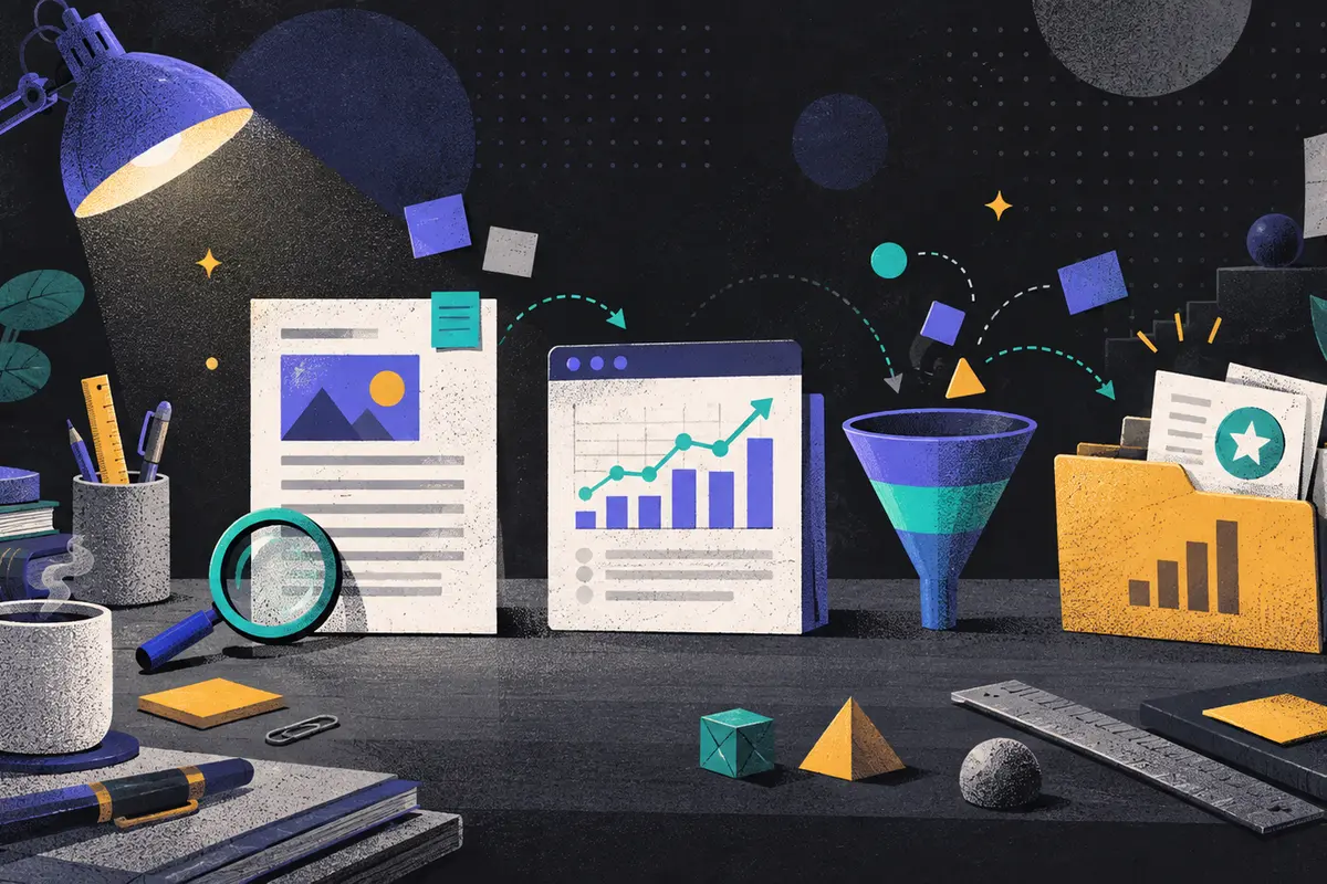 content marketing kpis: article sheet, abstract visit chart, and sales folder progressing left to right, search lens, event token, funnel, desk lamp, ruler