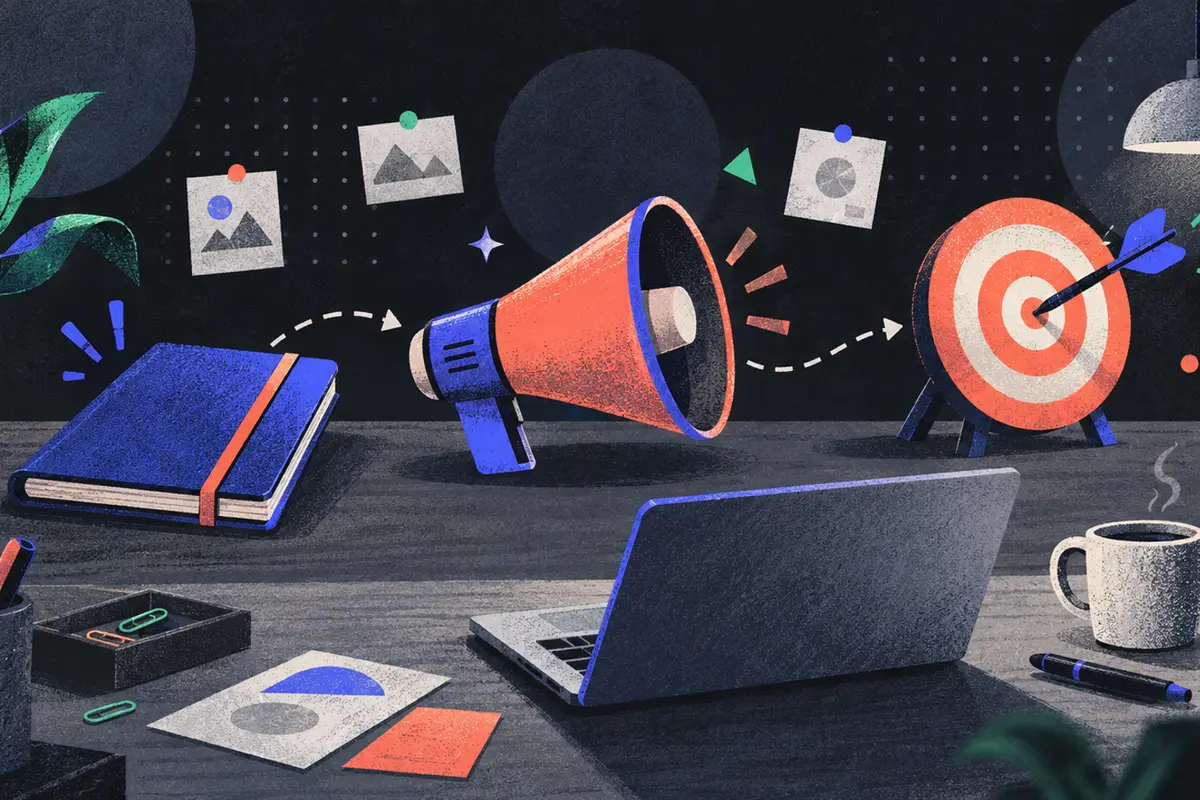 lean B2B SaaS content: a closed notebook, megaphone, and target with dart left to right, clock, open laptop, coffee cup, pen