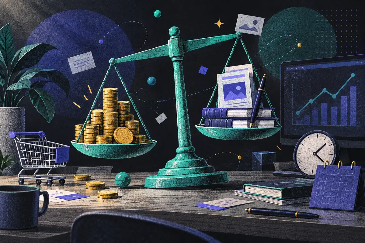 content marketing ROI: a large centered tilted balance scale, coins, shopping cart, clock, monitor showing an abstract chart, stack of books, pen, closed calendar