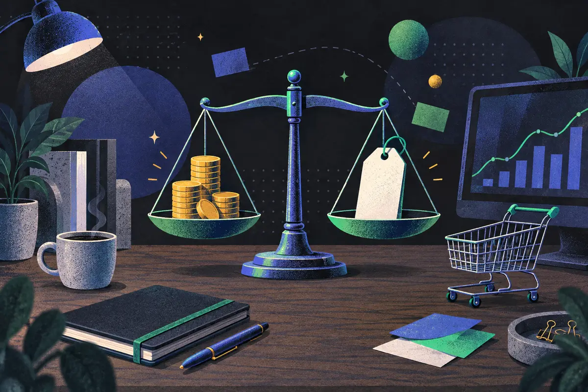 cost-plus versus value pricing: two equal balance scales holding coins and an unmarked price tag side by side, shopping cart, monitor showing an abstract chart, closed notebook, pen, coffee cup