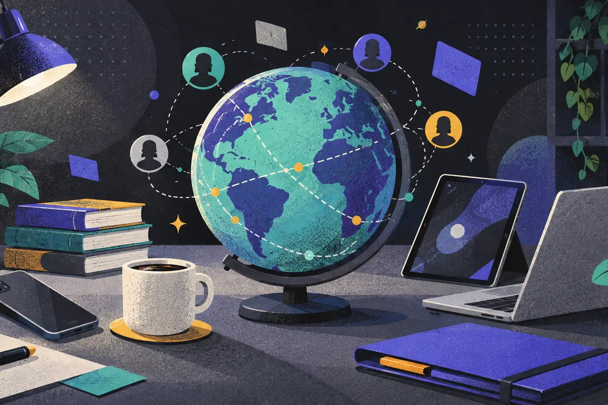 Customer 360: a large centered small globe ringed by face-down phone, tilted tablet, open laptop, stack of books, closed folder, coffee cup