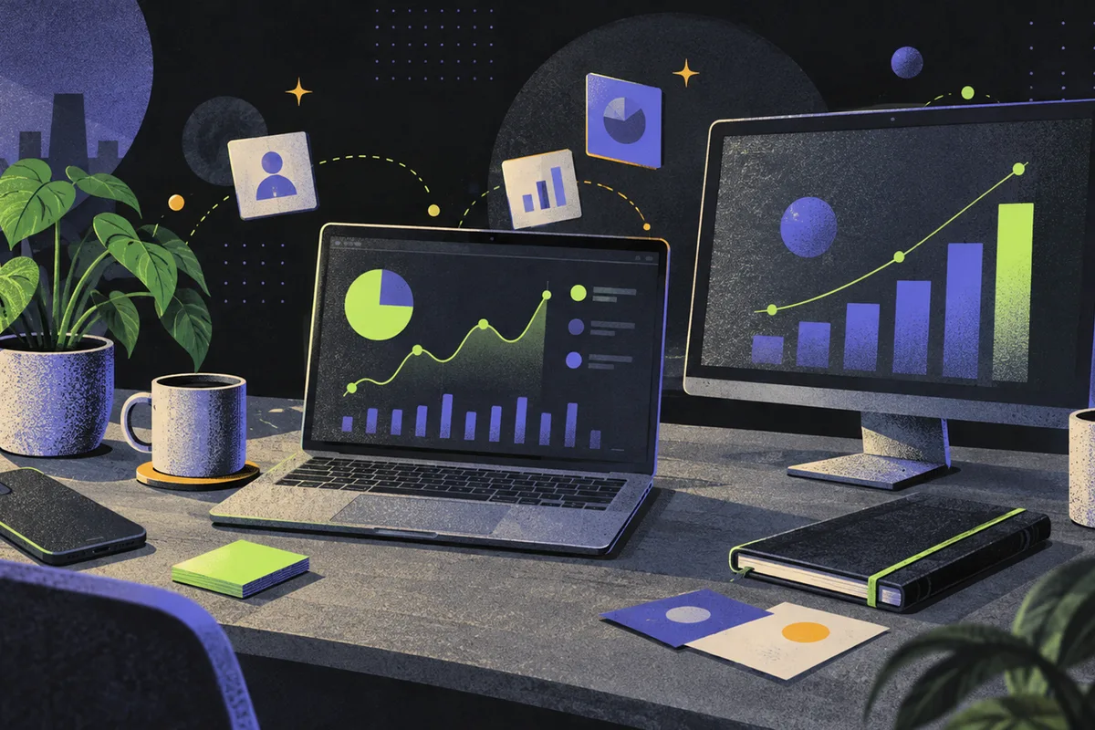 customer analytics: a face-down phone, open laptop, and monitor showing an abstract account chart arranged left to right, folder, closed notebook, potted plant