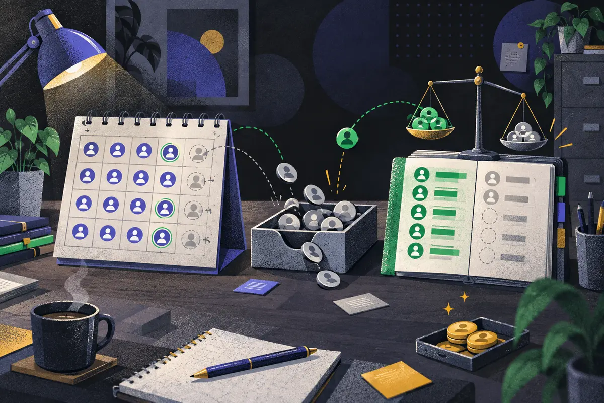 customer churn diagnosis: a plain cohort calendar, leaking account tray, and value-gap ledger arranged left to right, renewal tokens, balance scale, desk lamp, filing cabinet