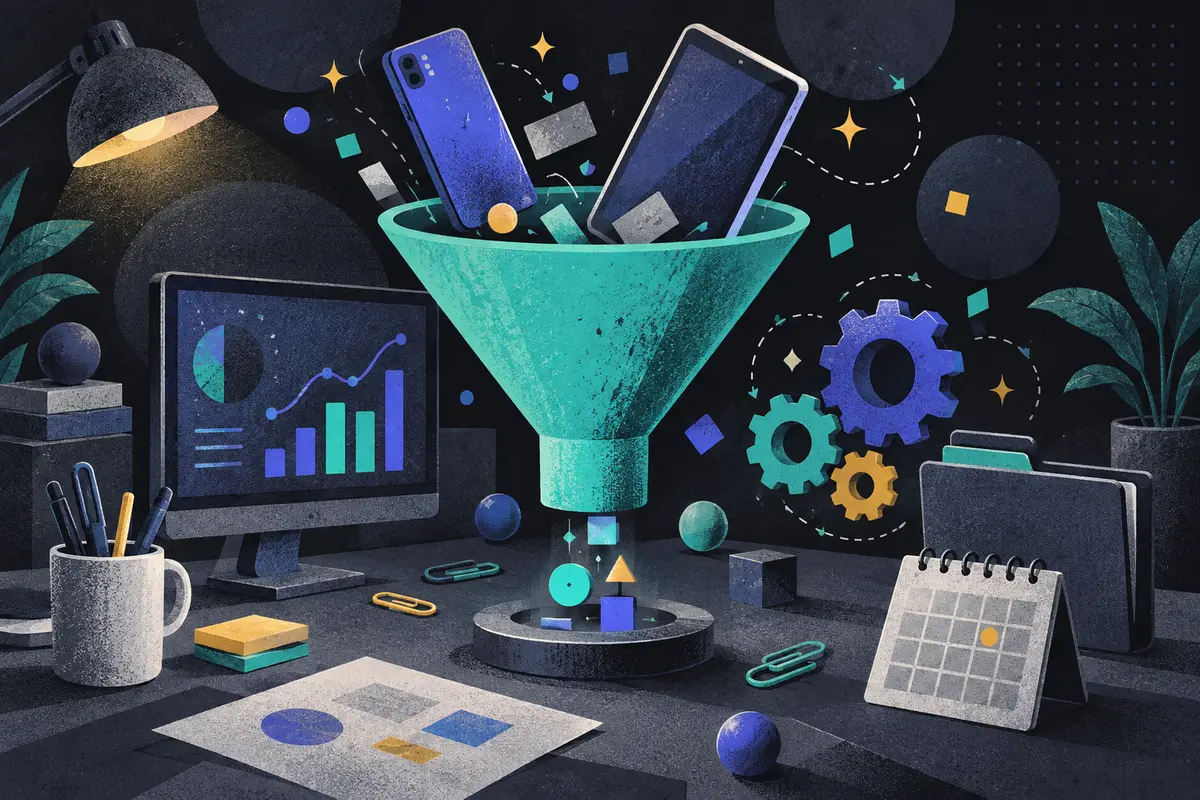 customer data integration: a large centered funnel receiving face-down phone and tilted tablet, monitor showing an abstract chart, interlocking gears, closed folder, closed calendar, paper clips