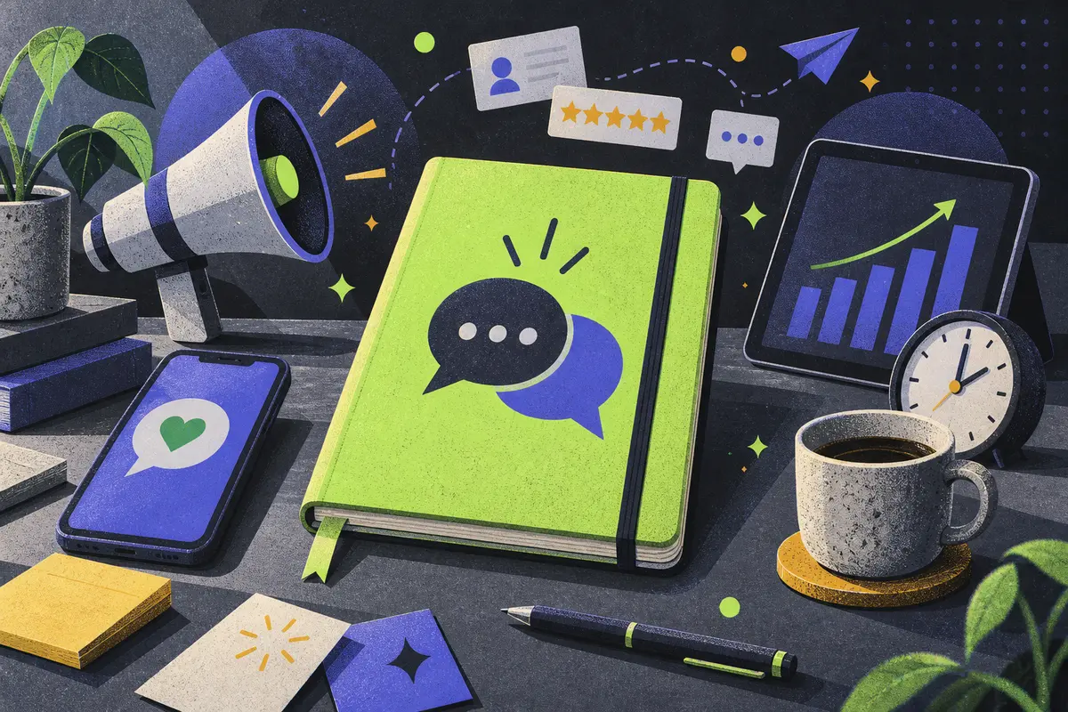 customer feedback: a large centered closed notebook, phone, megaphone, tilted tablet, clock, pen, coffee cup