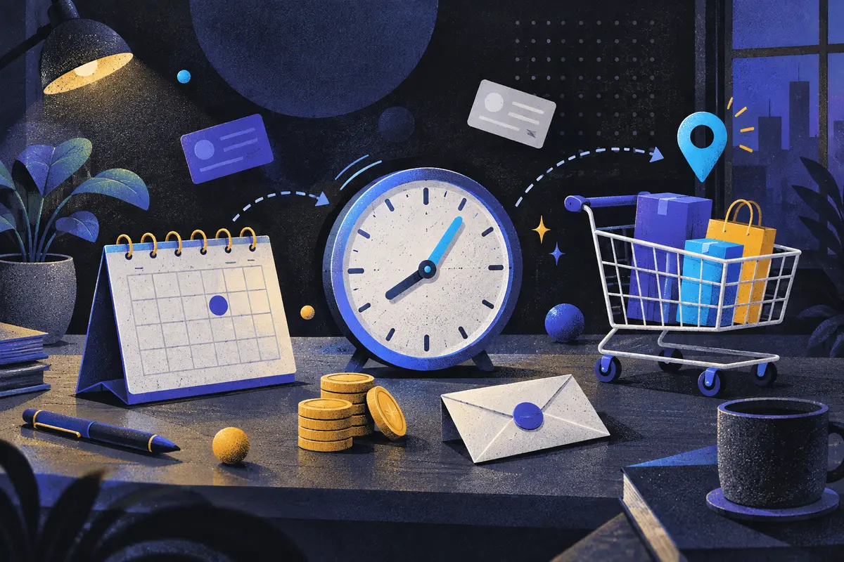 customer lifecycle stages: a closed calendar, clock with advancing hands, and loaded shopping cart arranged left to right, map pin, coins, sealed envelope, potted plant
