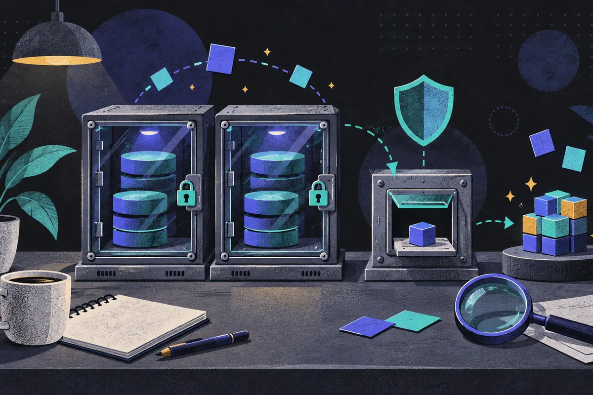 data clean room: two equal enclosed data cabinets on a desk beside a controlled query hatch, aggregate cubes, privacy shield, magnifier, blank notebook, coffee cup, and plant