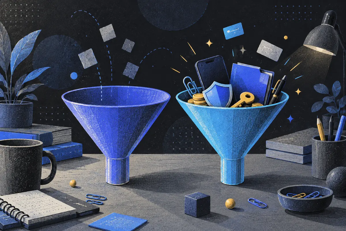 data cleansing versus enrichment: two equal funnels side by side, one empty and one holding coins, shield, key, face-down phone, closed folder, pen, paper clips