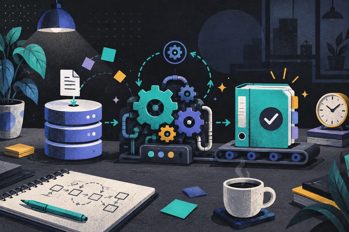 data orchestration: input disk, dependency gears, and corrected output binder progressing left to right, retry loop, desk clock, notebook, coffee cup, potted plant