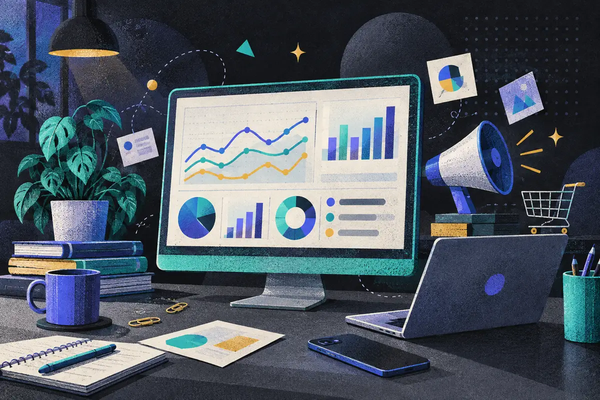 digital marketing analytics: a large centered monitor showing abstract channel charts, open laptop, face-down phone, megaphone, shopping cart, stack of books, potted plant, paper clips