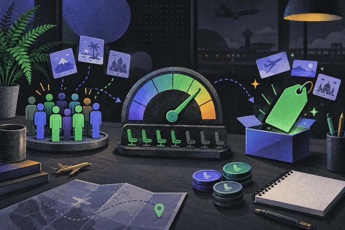 dynamic pricing: demand weights, capacity gauge, and payable price tag without writing progressing left to right, seat tokens, offer box, blank notebook, potted fern
