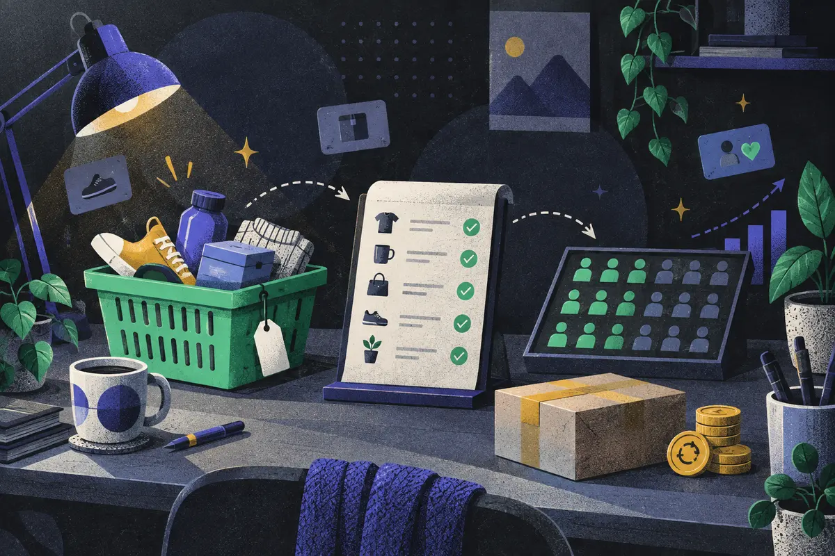 ecommerce analytics: a filled shopping basket, order ledger, and retention cohort tray progress left to right, plain parcel, refund coins, desk lamp, coffee cup