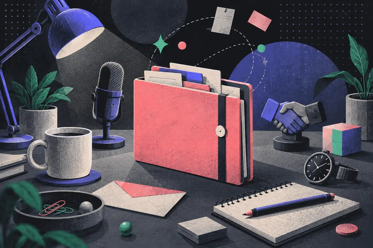 elevator pitch examples: a central organizer folder surrounded by a microphone, handshake figurine, product sample cube, timing watch, envelope, notebook, coffee cup, desk lamp
