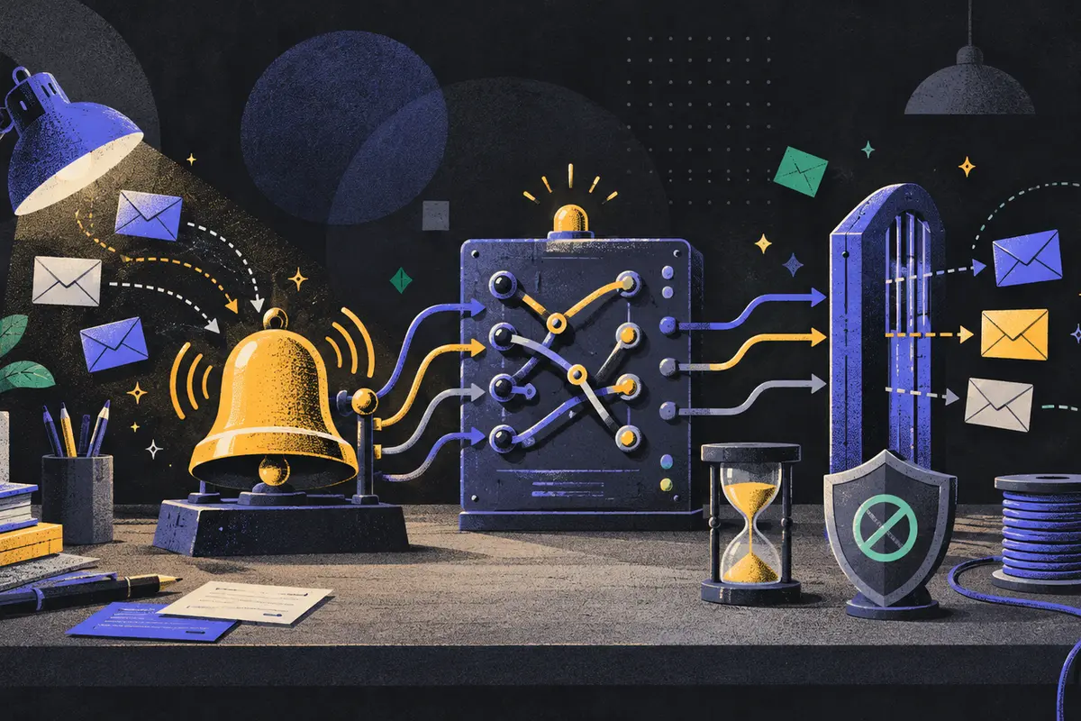 email automation: a ringing event bell, branching switchboard, and exit gate progress left to right, message envelopes, waiting hourglass, suppression shield, desk lamp, cable spool