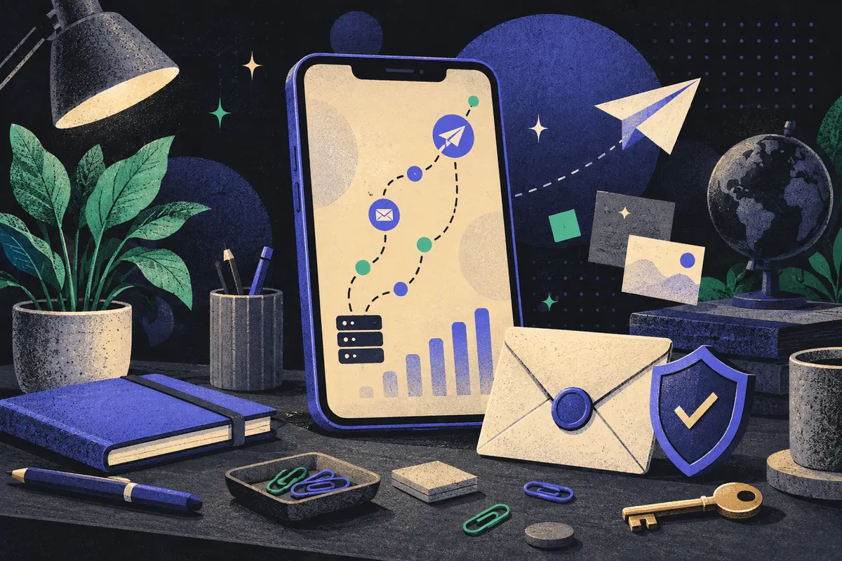 email deliverability news: a large phone showing an abstract delivery-path chart, sealed envelope, shield, paper plane, key, closed notebook, potted plant, paper clips
