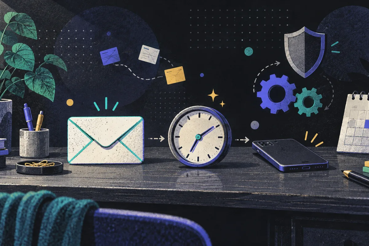 email marketing automation: a sealed envelope, clock, and face-down phone left to right, shield, interlocking gears, closed calendar, pen, potted plant