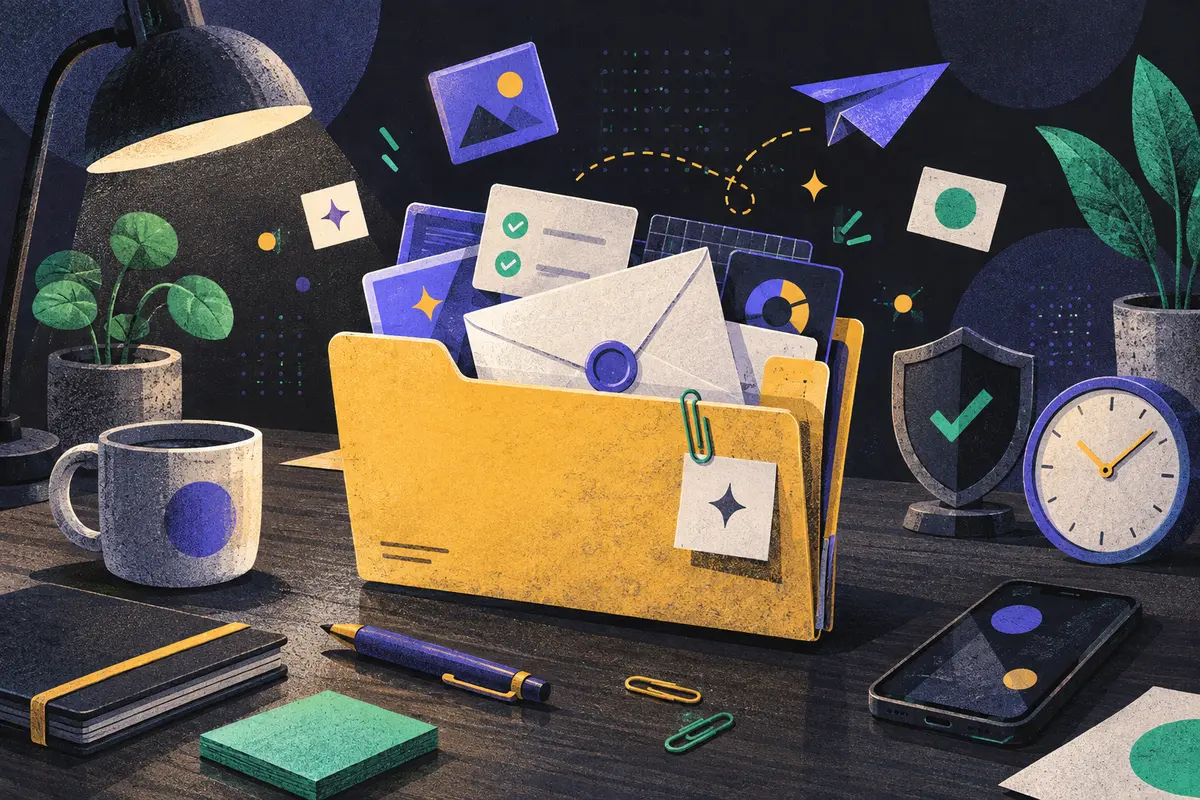 email marketing campaigns: a large open folder centered on a desktop, sealed envelope, phone, clock, shield, pen, paper clips