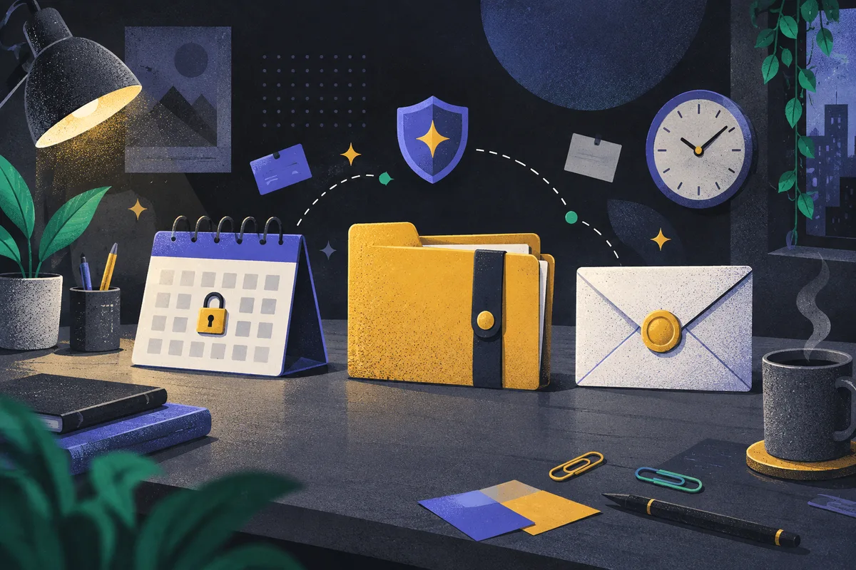 email marketing operations: a closed calendar, closed folder, and sealed envelope arranged left to right, shield, clock, paper clips, and coffee cup