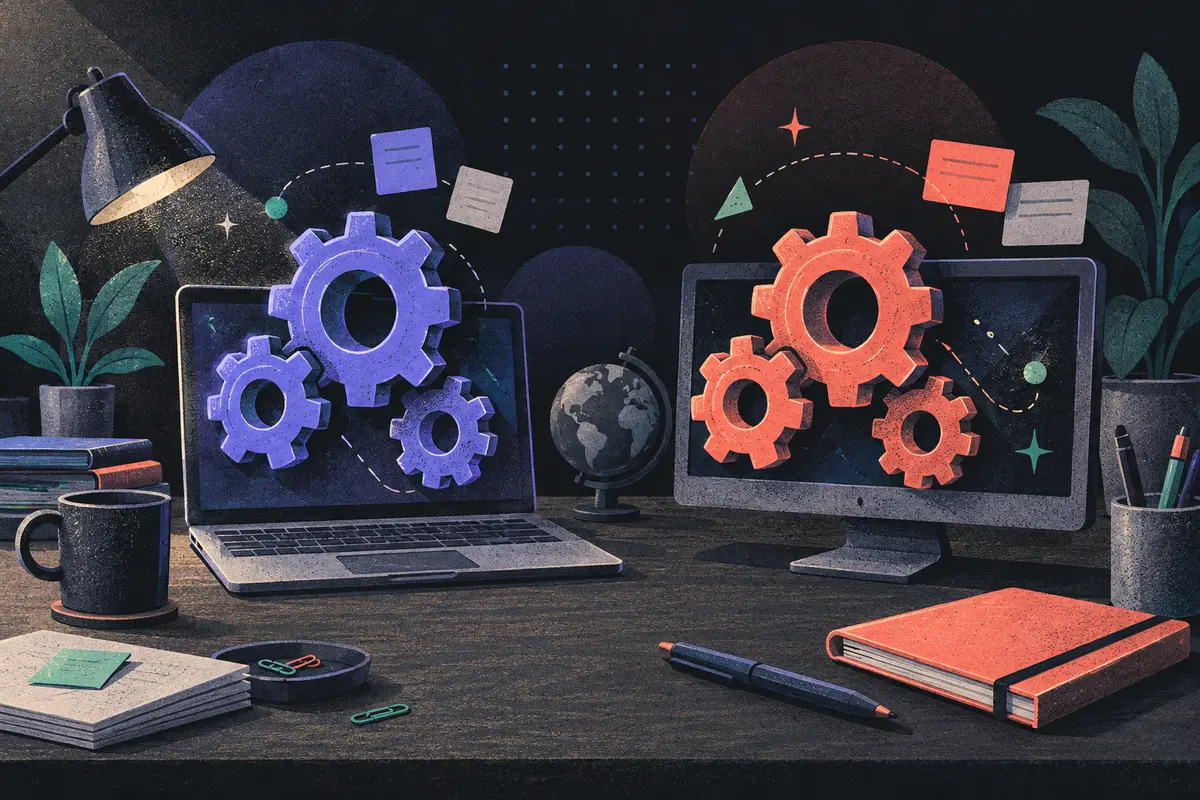enterprise versus lean SEO: two equal sets of interlocking gears side by side, one beside a laptop and one beside a monitor, small globe, closed folder, pen, closed calendar