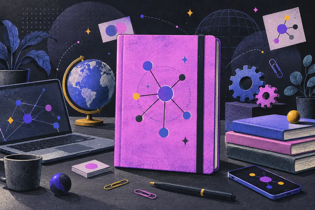 entity SEO: a large centered closed notebook, small globe, laptop, phone, interlocking gears, paper clips, stack of books