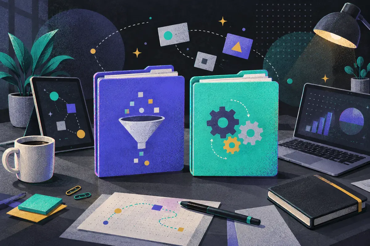 ETL versus ELT: two equal closed folders side by side, funnel, interlocking gears, tilted tablet, open laptop, closed notebook, coffee cup, paper clips